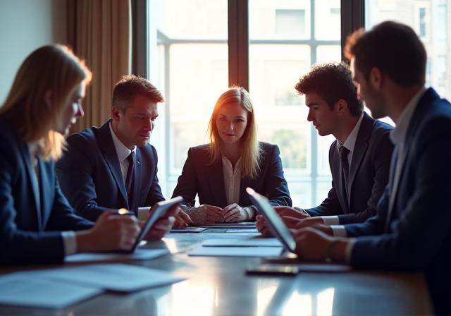 Executive team collaborating in a luxury corporate setting